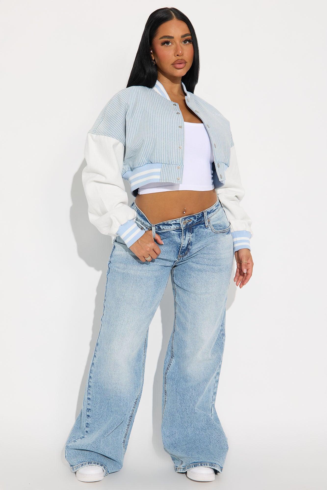 So Classic Cropped Pinstripe Denim Jacket - Blue/combo Product Image