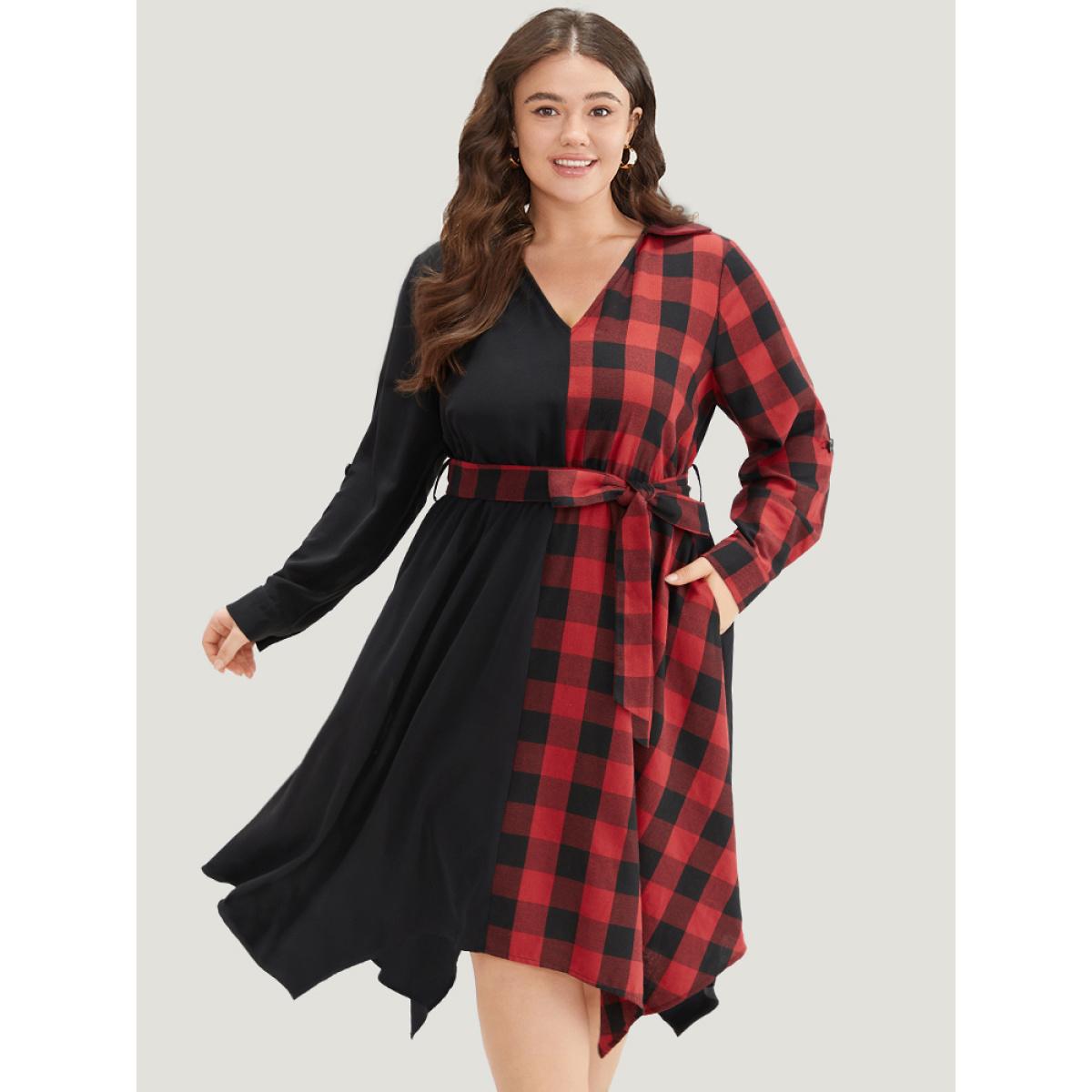 Plus Size Plaid Patchwork Belted Hanky Hem Dress Black Women Casual Belted V-neck Long Sleeve Curvy Midi Dress BloomChic 12/L Product Image