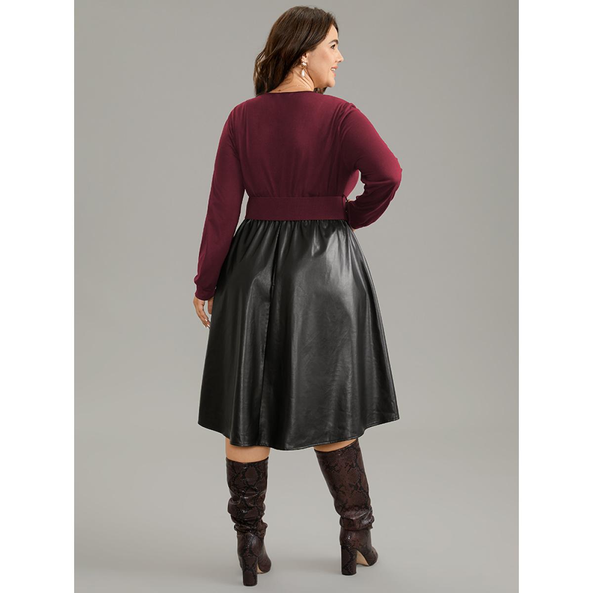 Plus Size PU Patchwork V Neck Dress With Belt Burgundy Women Office Plain V-neck Long Sleeve Curvy Knee Dress BloomChic 10/M Product Image