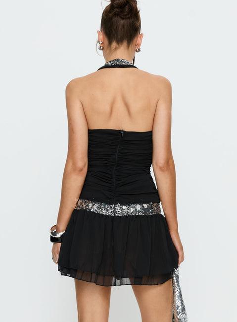 Aisleigh Sequin Halter Mini Dress Black / Silver Product Image