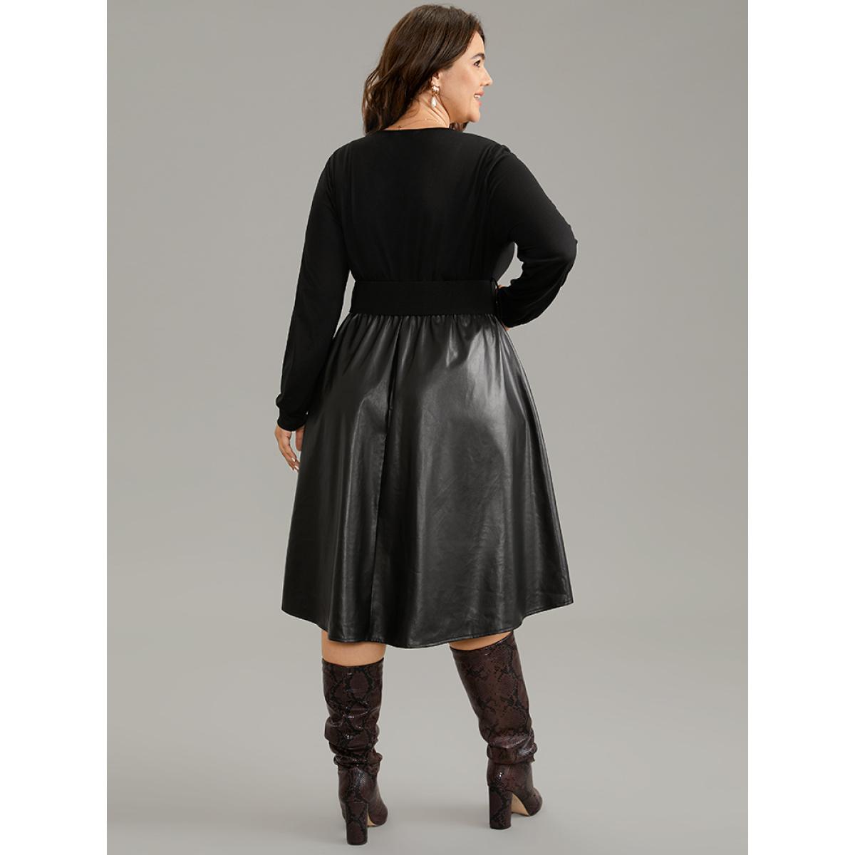 Plus Size PU Patchwork V Neck Dress With Belt Black Women Office Plain V-neck Long Sleeve Curvy Knee Dress BloomChic 26/4X Product Image
