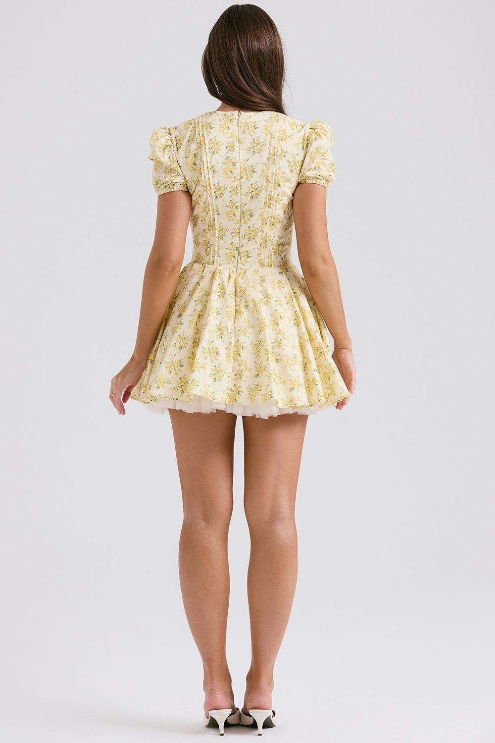 Imani  buttercup vintage floral print pleated cotton mini dress Product Image