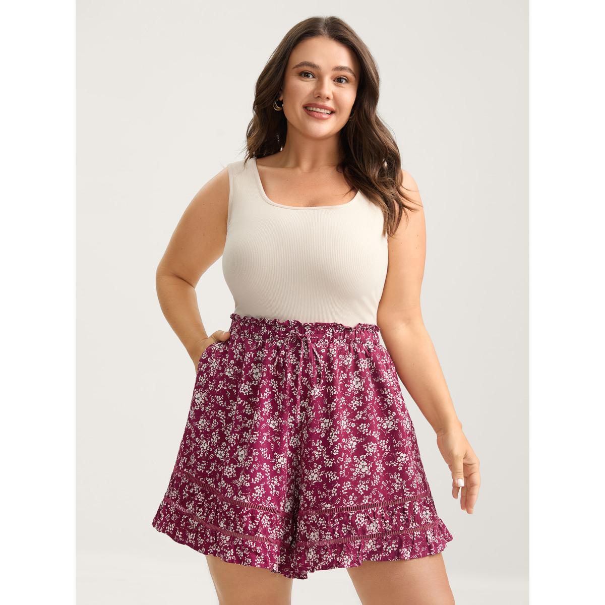 Plus Size Floral Waist-Tie Wide-Leg Shorts Women Burgundy Boho Patchwork Wide Leg Vacation Shorts BloomChic 28/5X Product Image