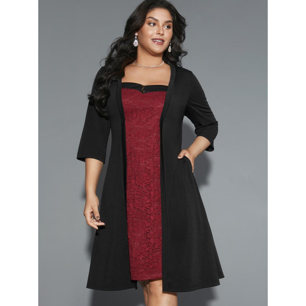 Plus Size Lace Heart Neckline Pocket Midi Dress Black Women Cocktail Texture Party Curvy Bloomchic 10/M Product Image