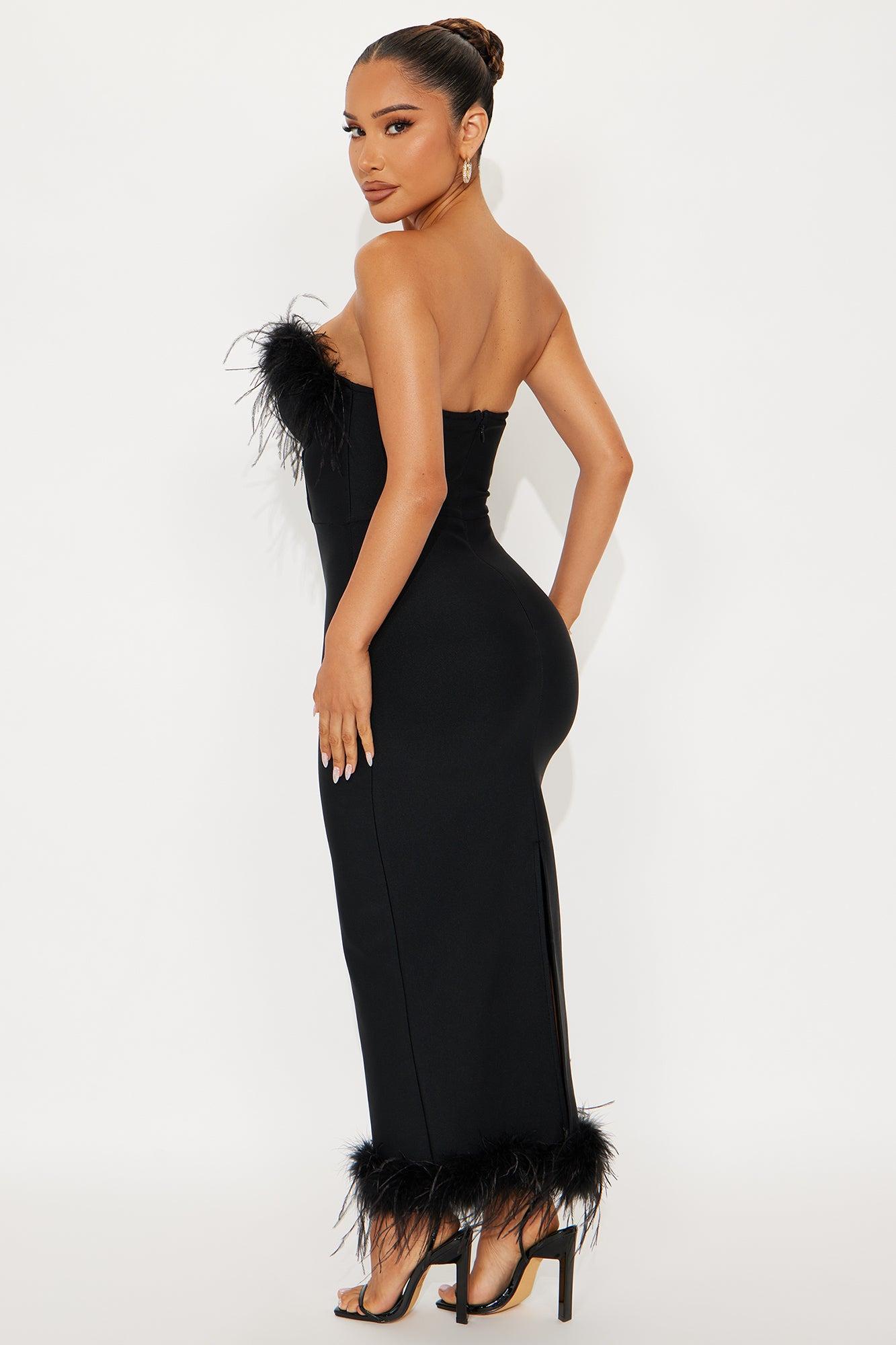 Reina Feather Corset Bandage Midi Dress - Black Female Product Image