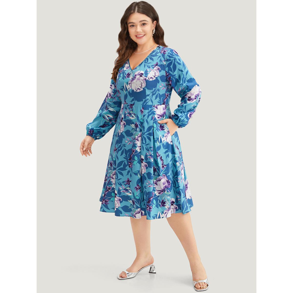 Plus Size Floral Print Pleated Flutter Zipper Dress Multicolor Women Office Elastic cuffs V-neck Long Sleeve Curvy Midi Dress BloomChic 18-20/2X Product Image