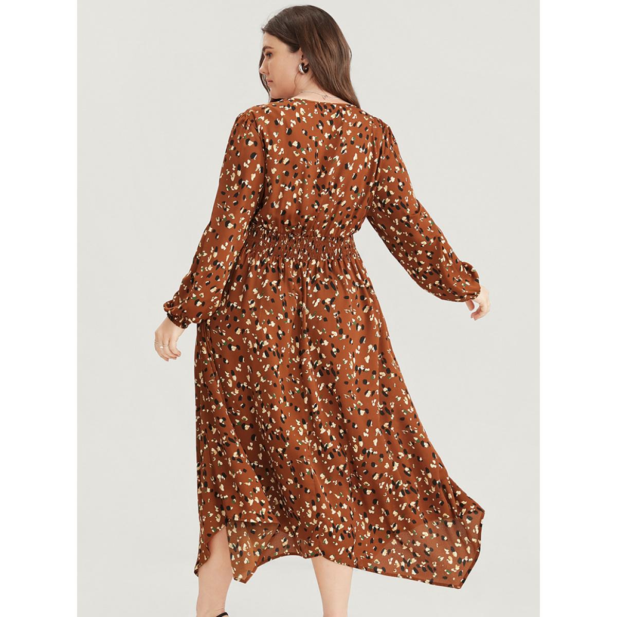 Plus Size Allover Print Shirred Pocket Surplice Neck Hanky Hem Dress Chocolate Women Elegant Asymmetrical V-neck Long Sleeve Curvy Midi Dress BloomChic 30/6X Product Image