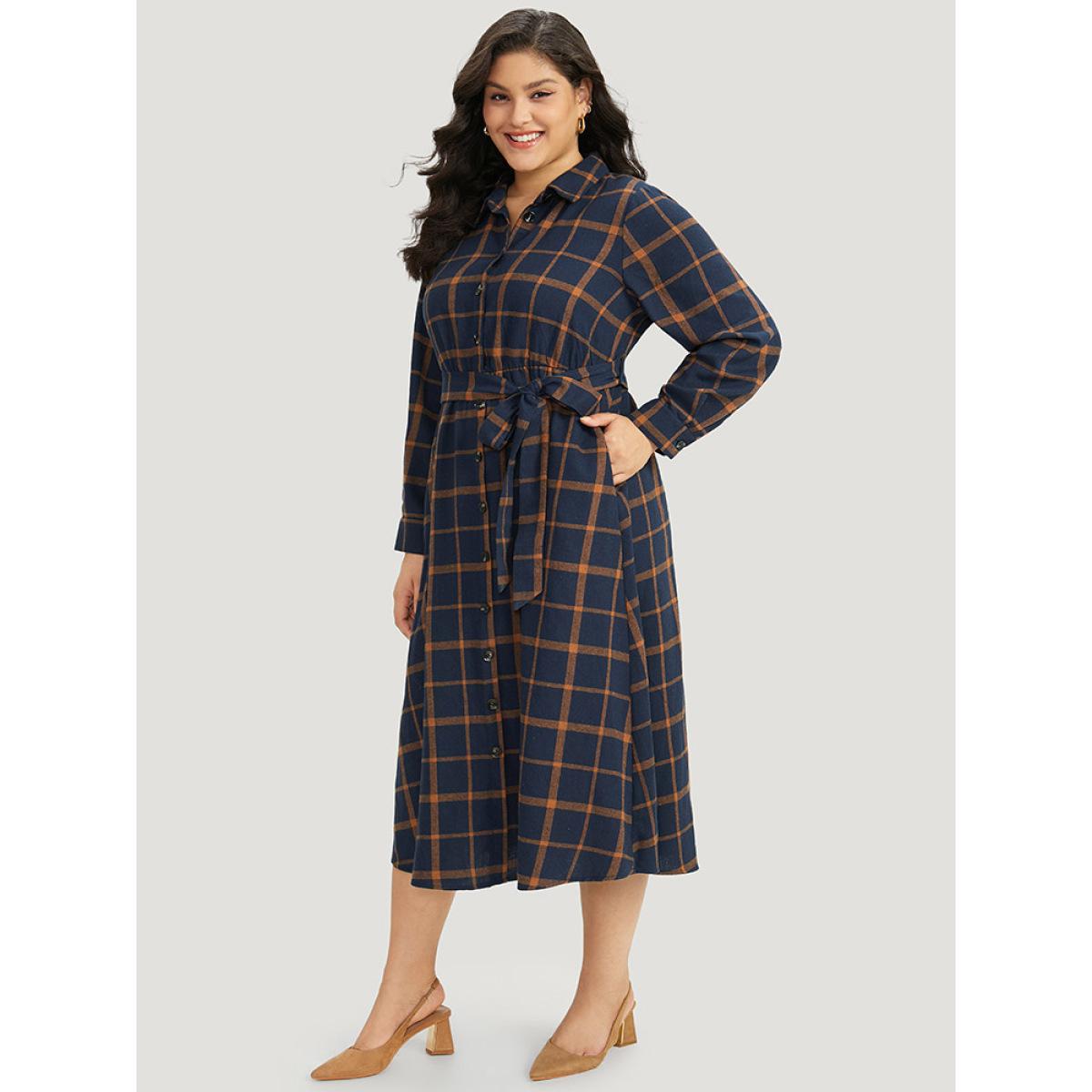 Plus Size Plaid Shirt Collar Button Fly Belted Dress Navy Women Office Belted Shirt collar Long Sleeve Curvy Midi Dress BloomChic 22-24/3X Product Image