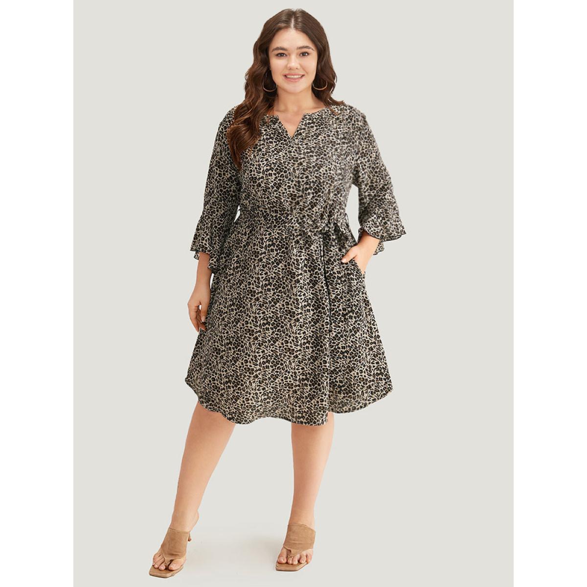 Plus Size Leopard Print Belted Notched Pocket Dress Leopard Women Vacation Belted Notched collar Elbow-length sleeve Curvy Knee Dress BloomChic 30/6X Product Image