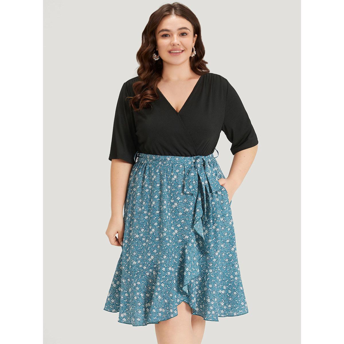 Plus Size Ditsy Floral Pocket Patchwork Belted Wrap Ruffle Dress Cerulean Women Office Plain V-neck Half Sleeve Curvy Knee Dress BloomChic 18-20/2X Product Image