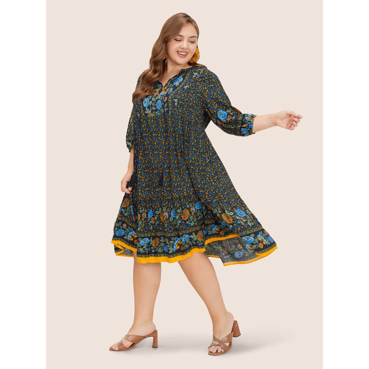Plus Size Bandana Tassels Lantern Sleeve Ruffle Pocket Keyhole Neck Dress Cerulean Women Resort V-neck Elbow-length sleeve Curvy Midi Dress BloomChic 12/L Product Image