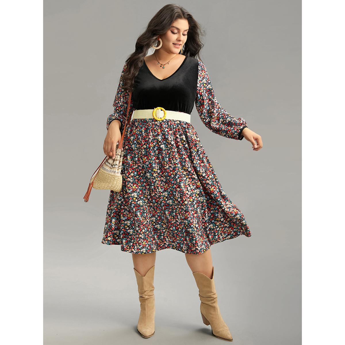 Plus Size Ditsy Floral Velvet Patchwork Lantern Sleeve Dress Multicolor Women Vacation Elastic cuffs V-neck Long Sleeve Curvy Midi Dress BloomChic 12/L Product Image