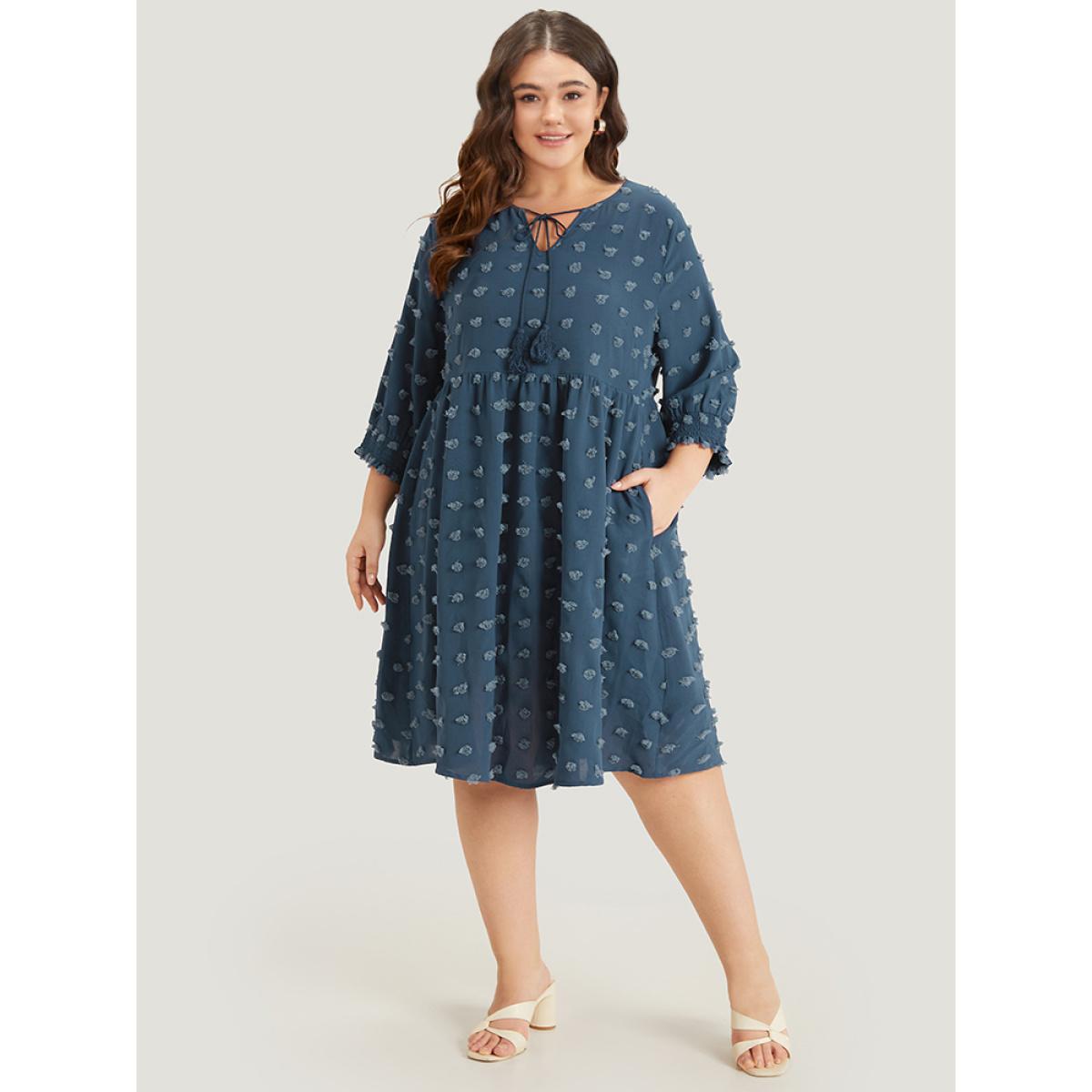Plus Size Polka Dot Tassels Ties Shirred Cuffs Pocket Dress DarkBlue Women Office Elastic cuffs V-neck Elbow-length sleeve Curvy Midi Dress BloomChic 22-24/3X Product Image