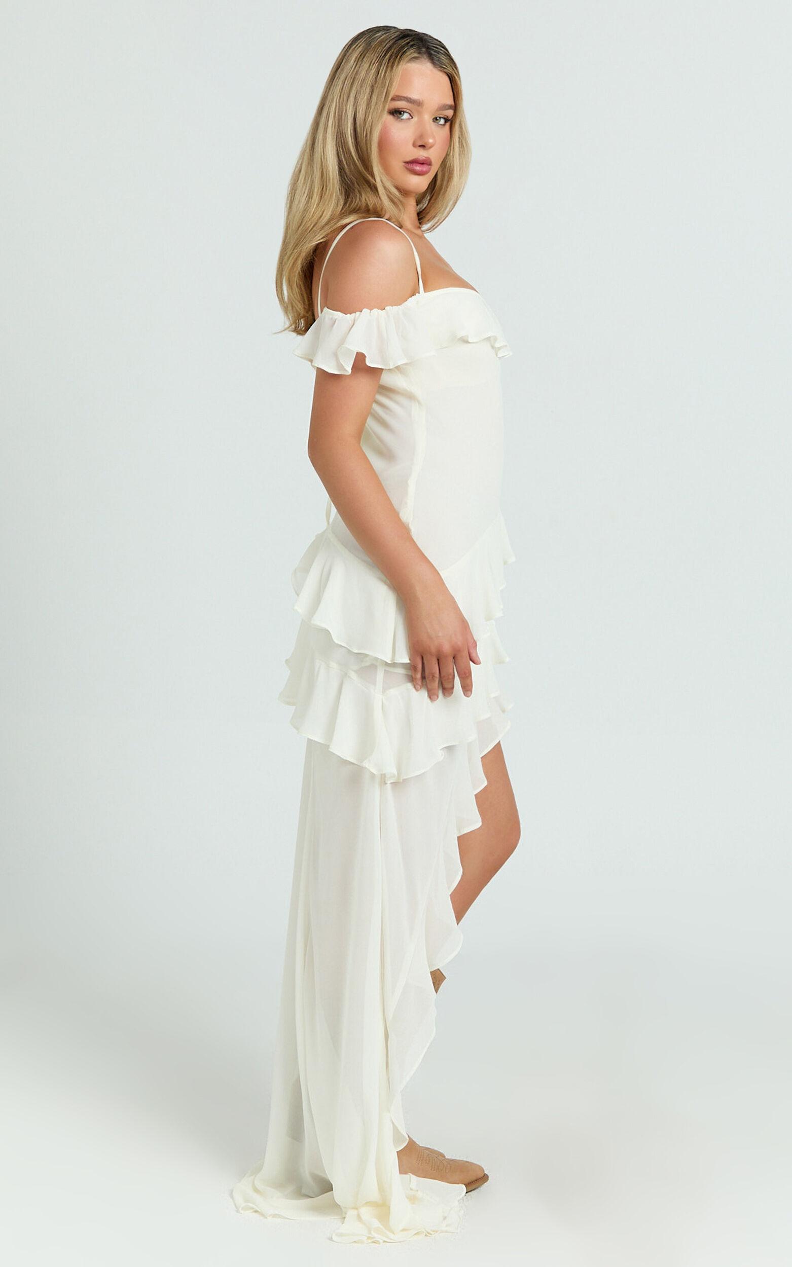 Brigitte Maxi Dress - Halter Off Shoulder Georgette Ruffle Tiered Dress in Cream Product Image