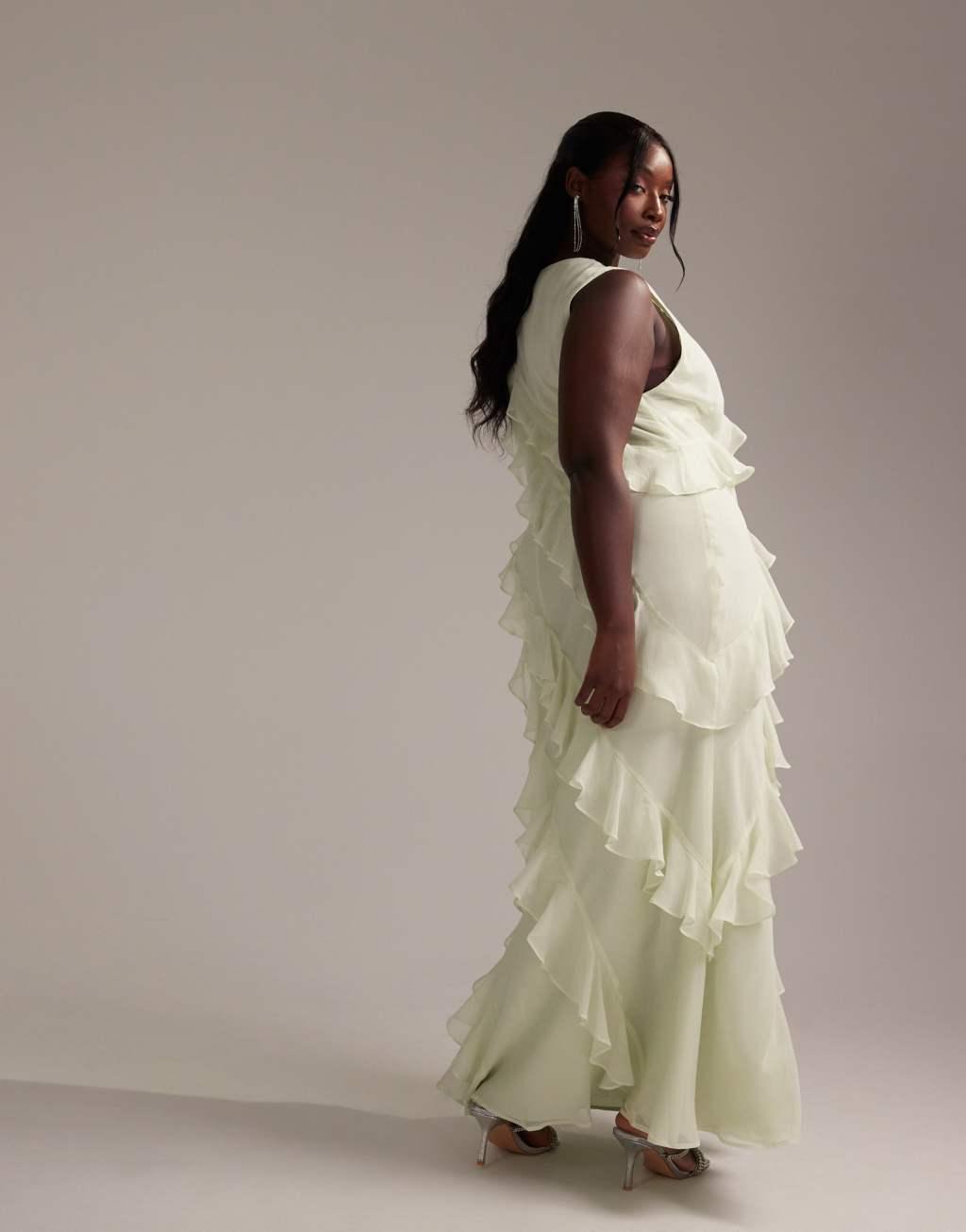 ASOS DESIGN Curve Bridesmaids racer neck bias cut ruffle maxi dress in light green Product Image