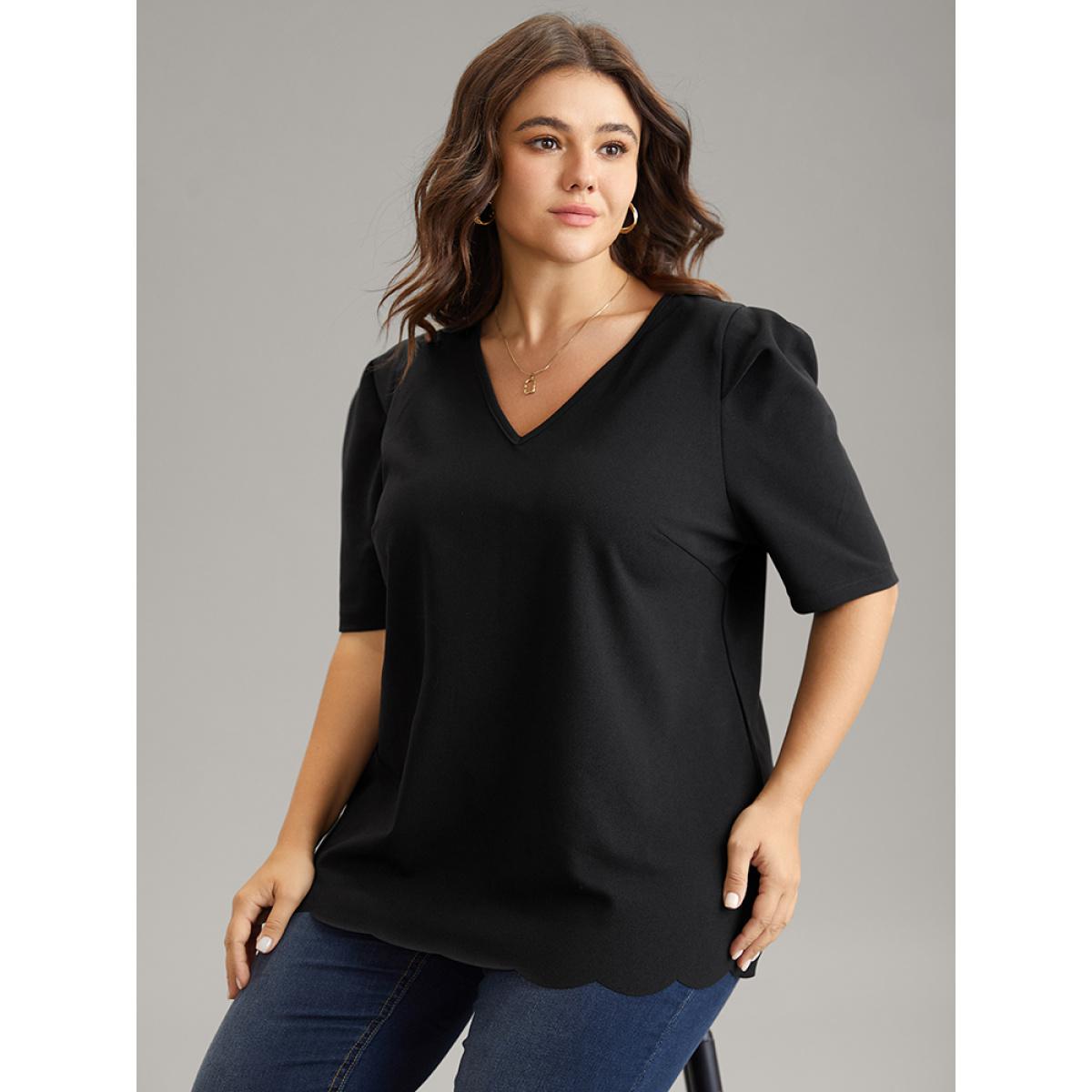 Plus Size Black Plain Puff Sleeve Scalloped Trim Blouse Women Work From Home Half Sleeve V-neck Work Blouses BloomChic 10/M Product Image