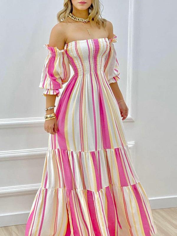 A-Line High Waisted Contrast Color Pleated Split-Joint Off-The-Shoulder Maxi Dresses Product Image