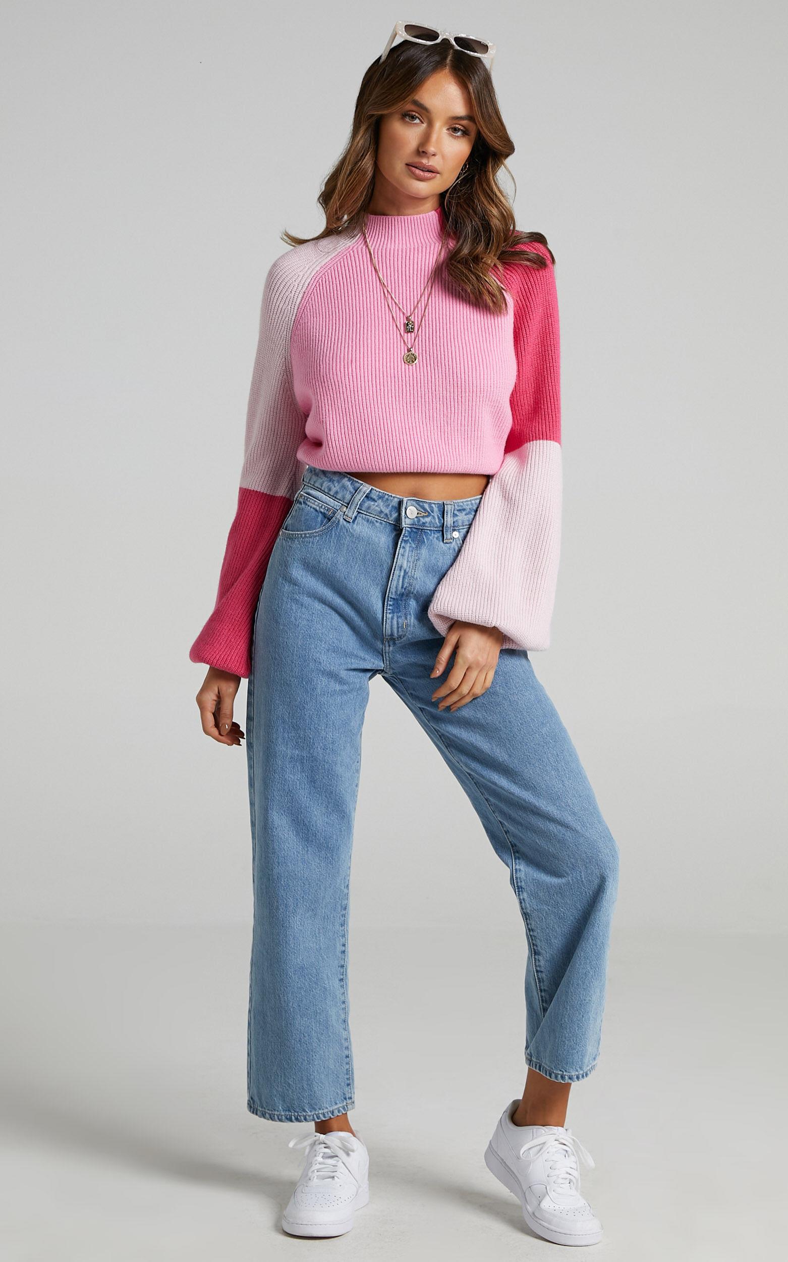 Kensley Jumper - Colour Block Turtleneck Balloon Sleeve Knit Jumper in Pink Product Image