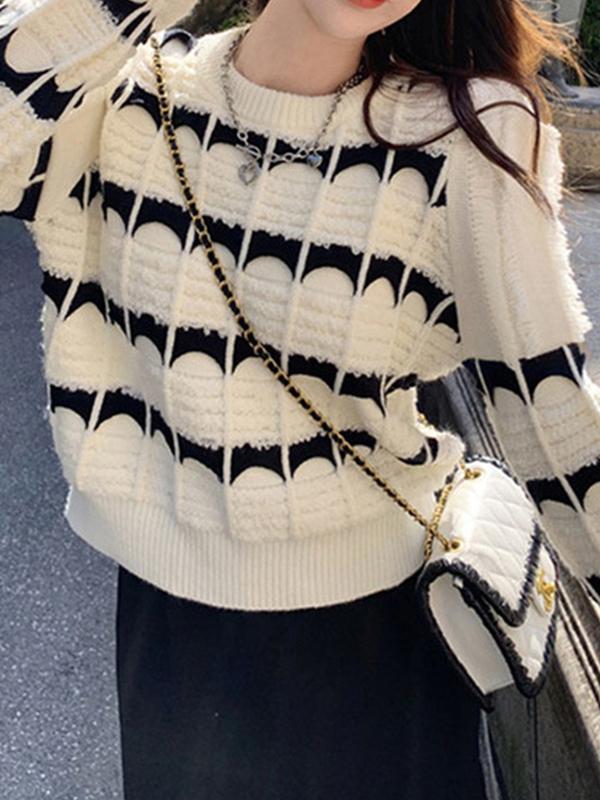 Contrast Color Jacquard Crew Neck Sweater Product Image