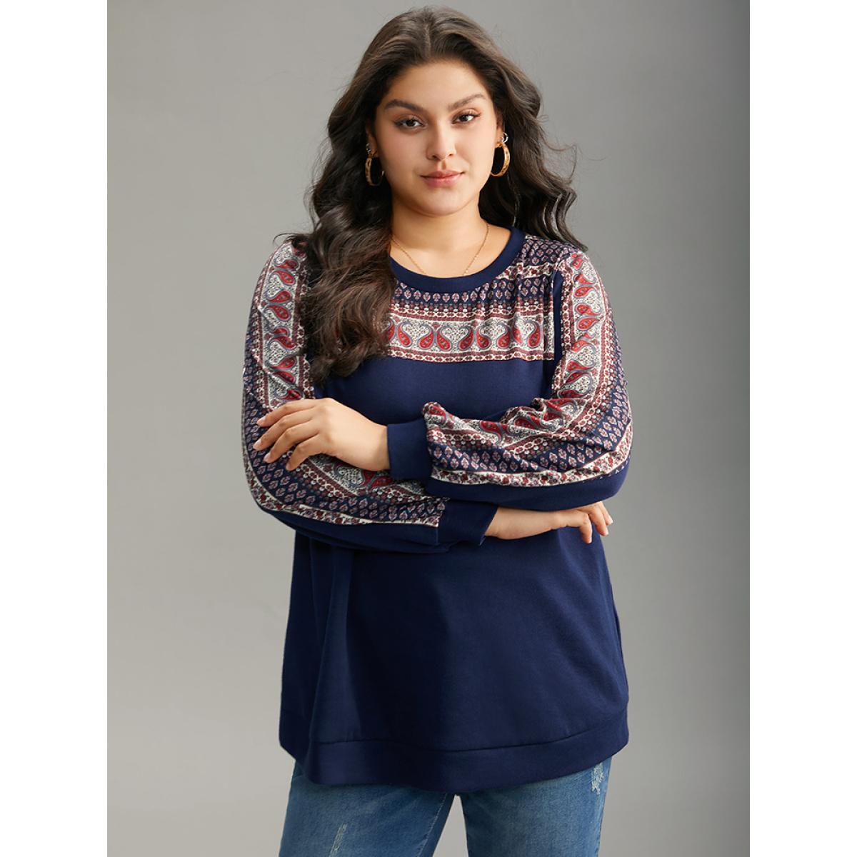 Plus Size Paisley Contrast Patchwork Rib Knit Sweatshirt Women DarkBlue Elegant Contrast Round Neck Dailywear Sweatshirts BloomChic 10/M Product Image
