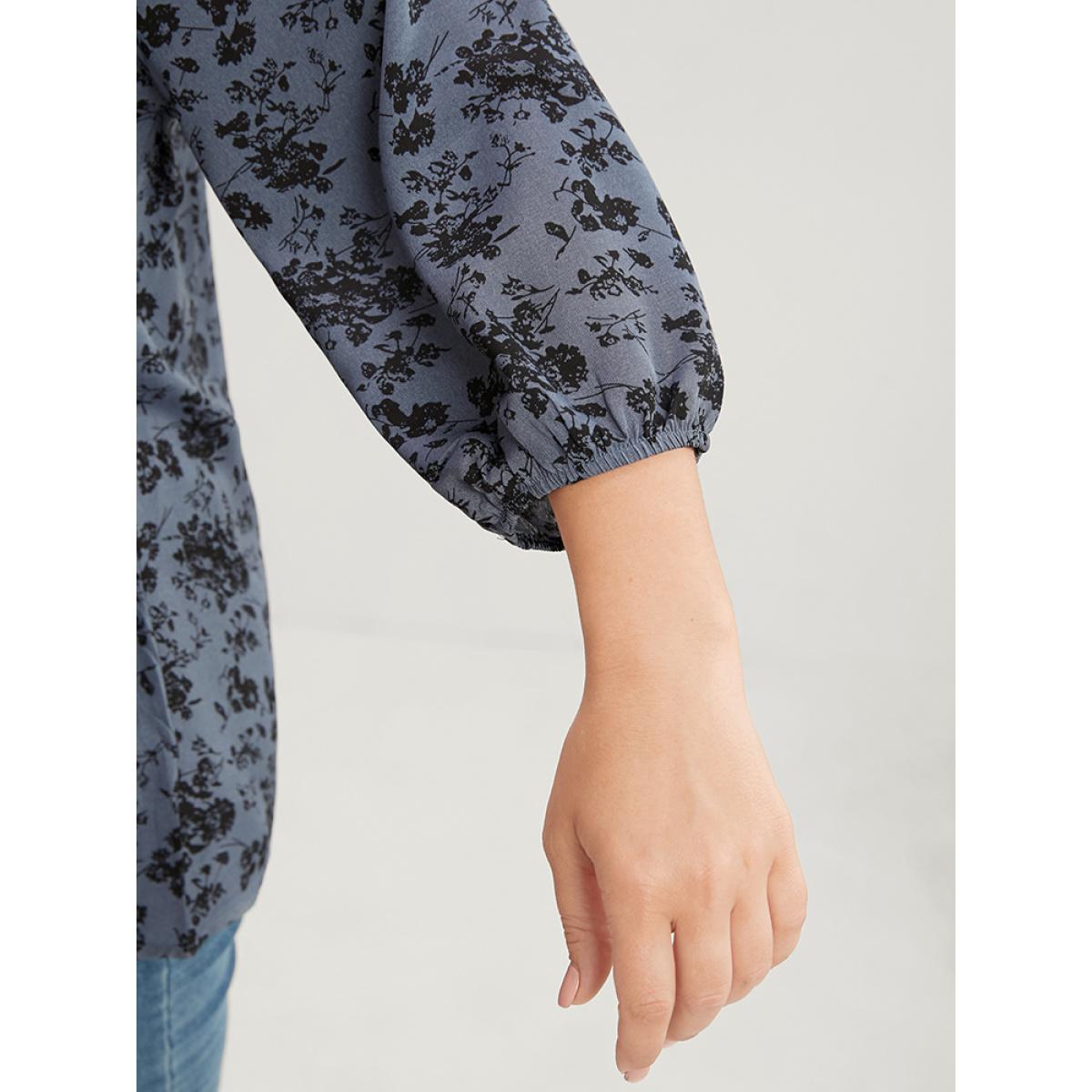 Plus Size Stone Floral Print Lantern Sleeve Tie V Neck Blouse Women Elegant Elbow-length sleeve V-neck Dailywear Blouses BloomChic 28/5X Product Image