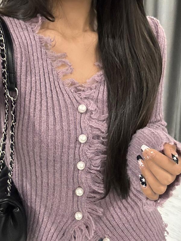 Solid Rib V Neck Frayed Trim Knit Cardigan Product Image