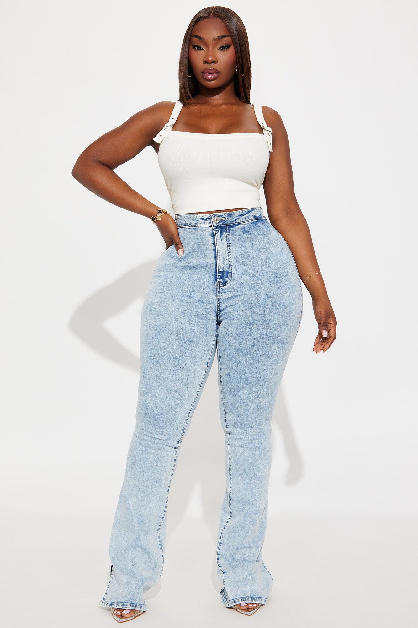 Tall Side Slit Stretch Slim Bootcut Jeans - Acid Wash Denim Female Product Image