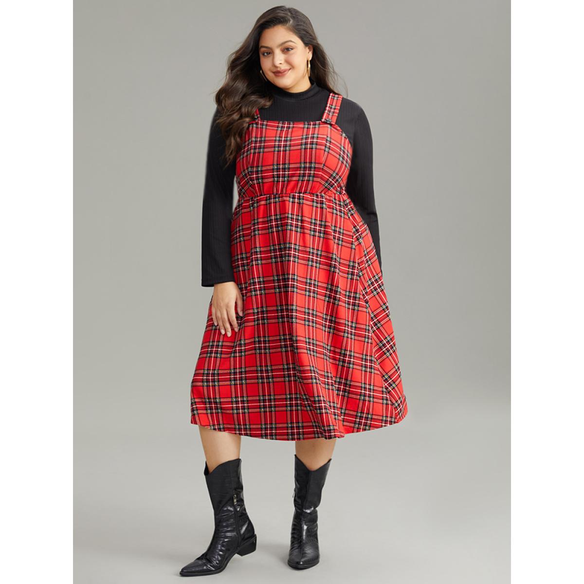 Plus Size Plaid Button Up Adjustable Straps Dress Red Women Casual Adjustable Straps Spaghetti Strap Sleeveless Curvy Midi Dress BloomChic 22-24/3X Product Image