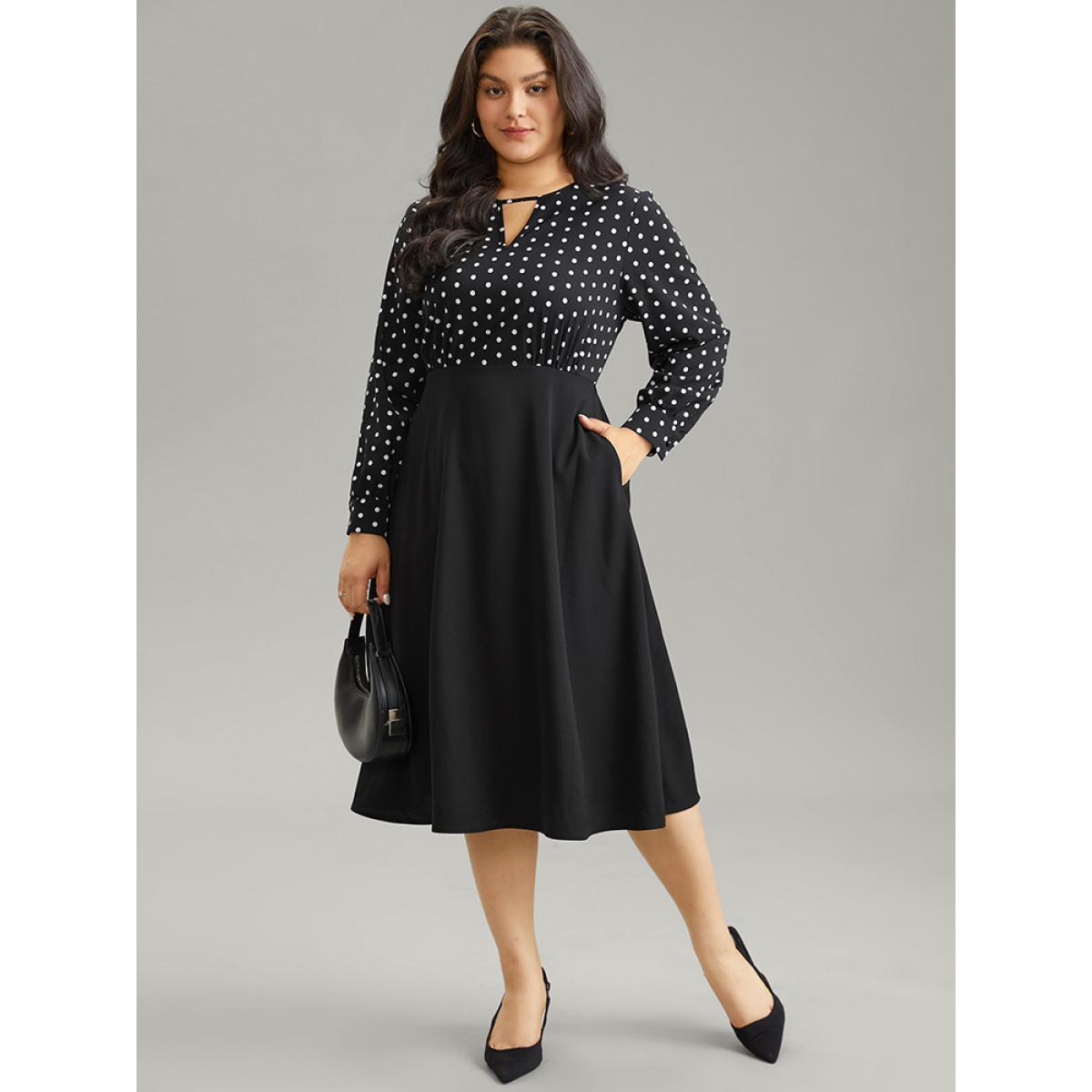 Plus Size Polka Dot Keyhole Patchwork Dress Black Women At the Office Printed Keyhole Cut-Out Long Sleeve Curvy Knee Dress BloomChic 14-16/1X Product Image