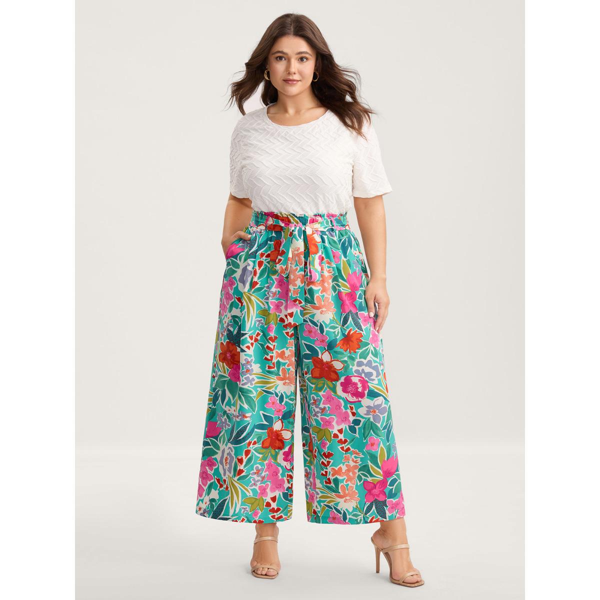 Plus Size Groovy Floral Print Wide-Leg Pants Women Multicolor Elegant Wide Leg Mid Rise Everyday-Elegant Pants BloomChic 22-24/3X Product Image