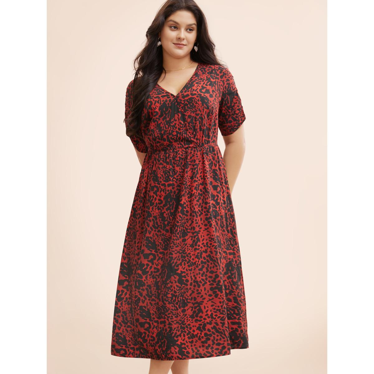 Plus Size Leopard Print V Neck Gathered Dress Burgundy Women Elegant Gathered Overlap Collar Short sleeve Curvy BloomChic 26/4X Product Image