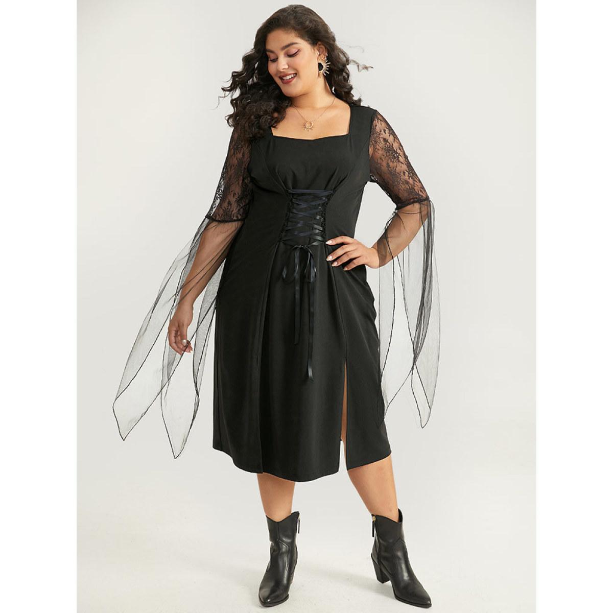 Plus Size Halloween Patchwork Lace Mesh Split Hem Lace Up Dress Black Women Glamour Cross straps Square Neck Short sleeve Curvy Midi Dress BloomChic 12/L Product Image