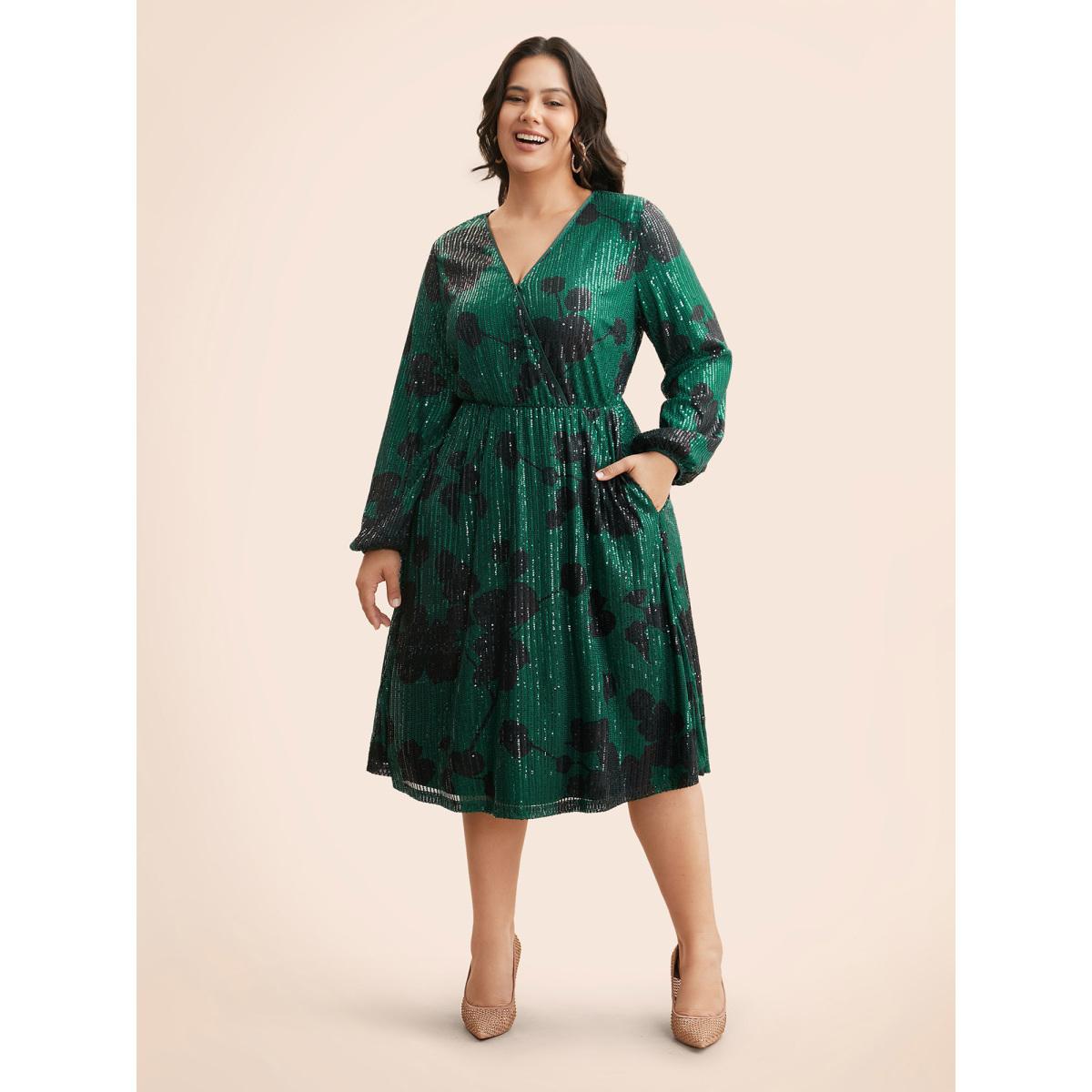 Plus Size Sequin Floral Lantern Sleeve Midi Dress Truegreen Women Cocktail Texture Party Curvy Bloomchic 26/4X Product Image
