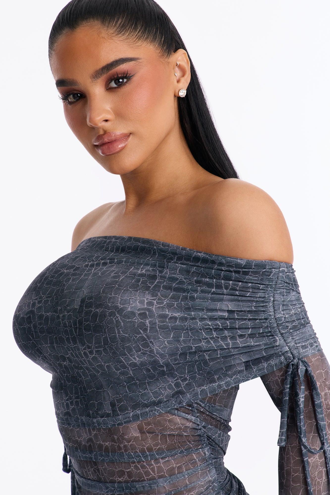 Poison Kiss Mesh Long Sleeve Ruched Bodysuit - Charcoal/combo Female Product Image