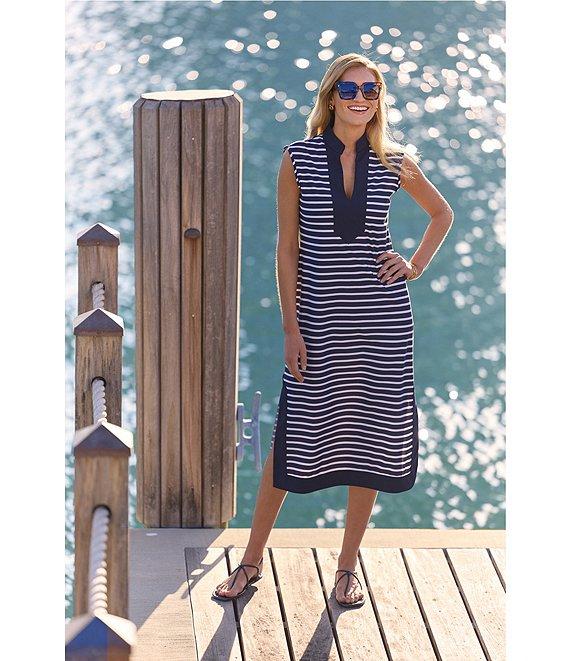 Jude Connally Kristen Striped Print Jude Cloth Stretch Knit Wrinkle-Free Split V-Neck Sleeveless A-Line Midi Dress Product Image