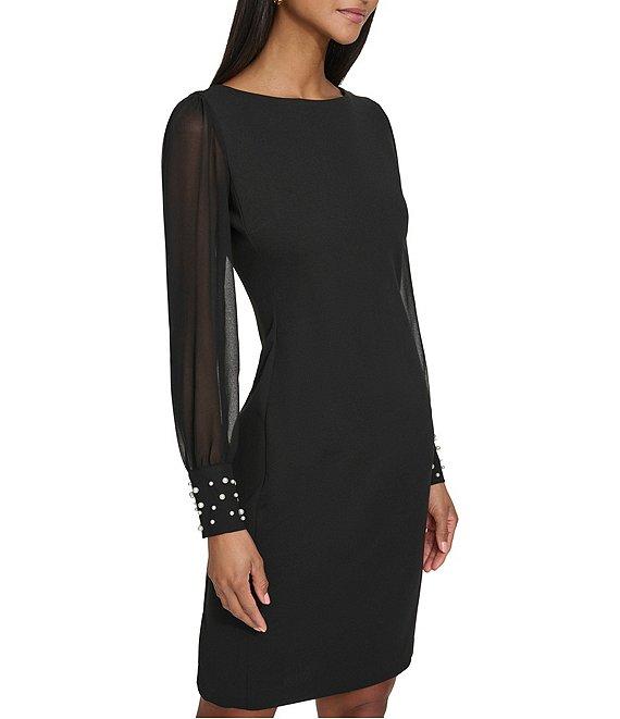 KARL LAGERFELD PARIS Scuba Crepe Crew Neck Chiffon Long Sleeve Pearl Cuff Sheath Mini Dress Product Image