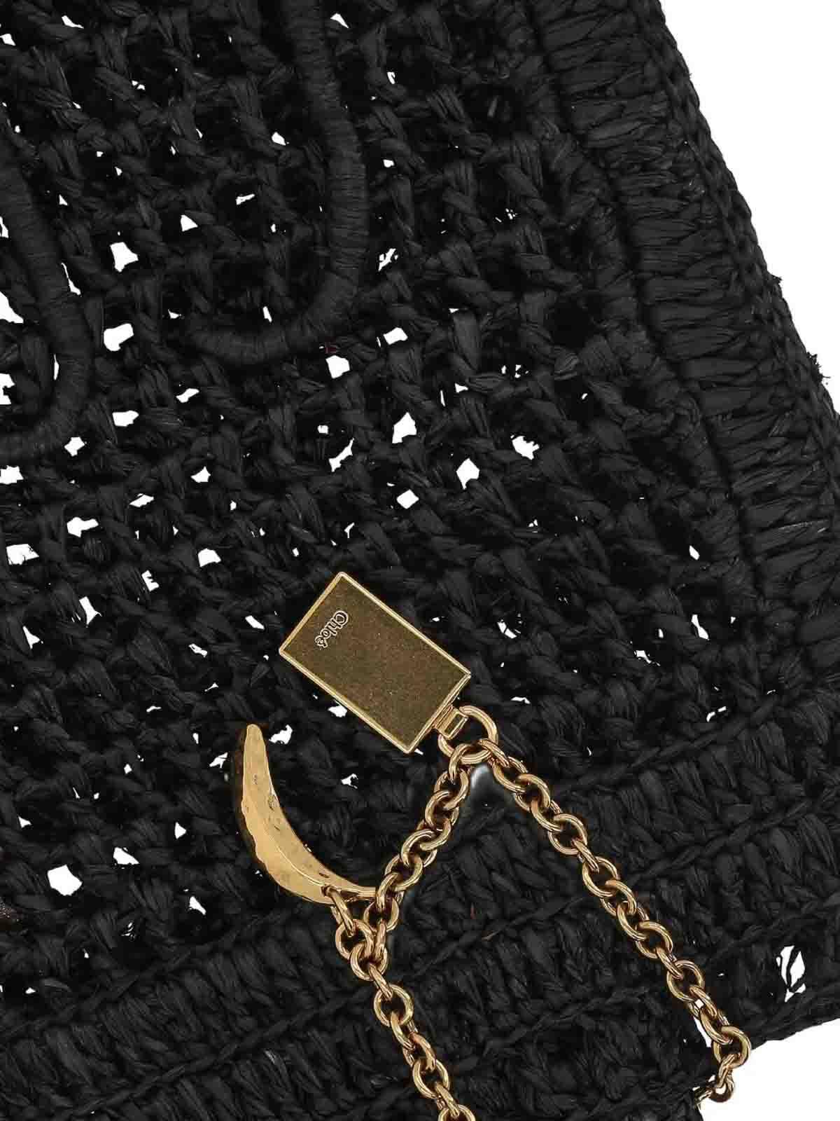 CHLOÉ Summer Banana Embellished Crocheted Embroidered Faux Raffia Tote In Black Product Image