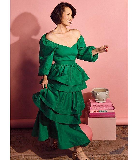 Buru Teagan Tiered Ruffle Full Length Side Seam Pocket A-Line Skirt Product Image