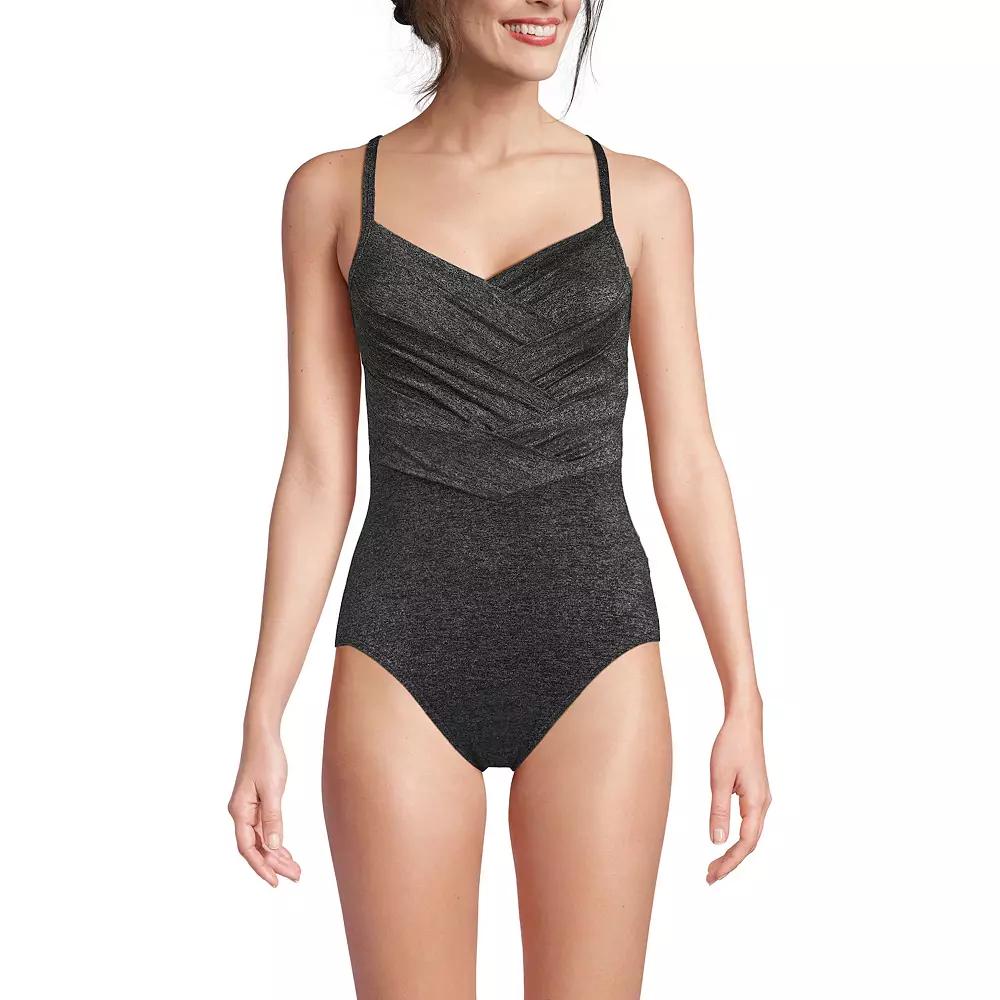 Women's Lands' End Pleated Shine SlenderSuit One-Piece Swimsuit, Size: 14, Black Shine Product Image