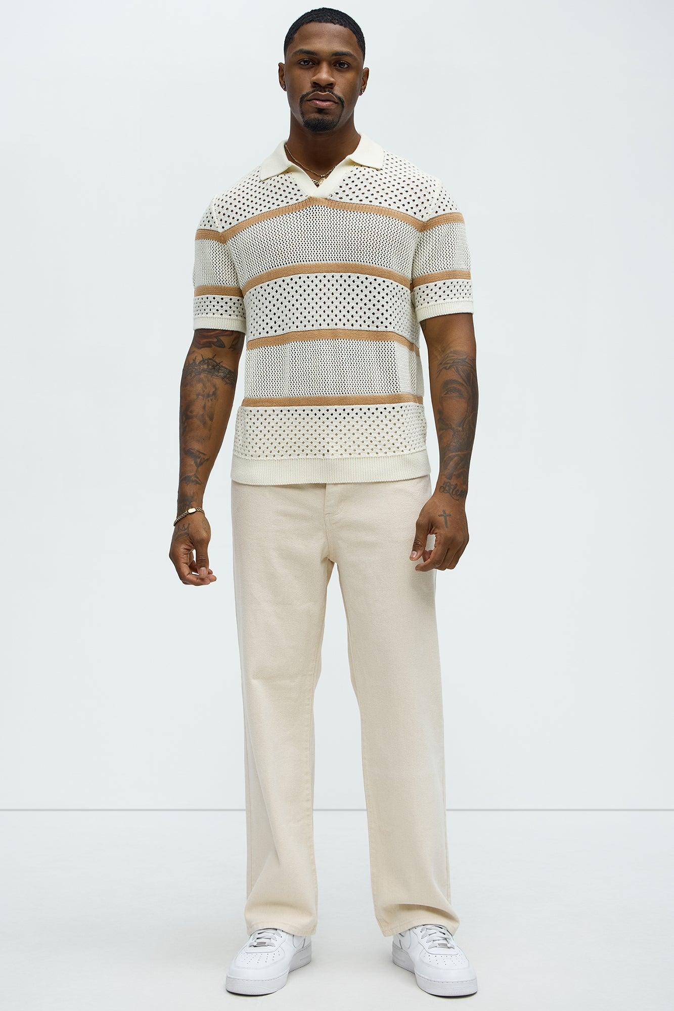 Mixed Texture Knitted Johnny Collar Shirt - Cream/combo Product Image