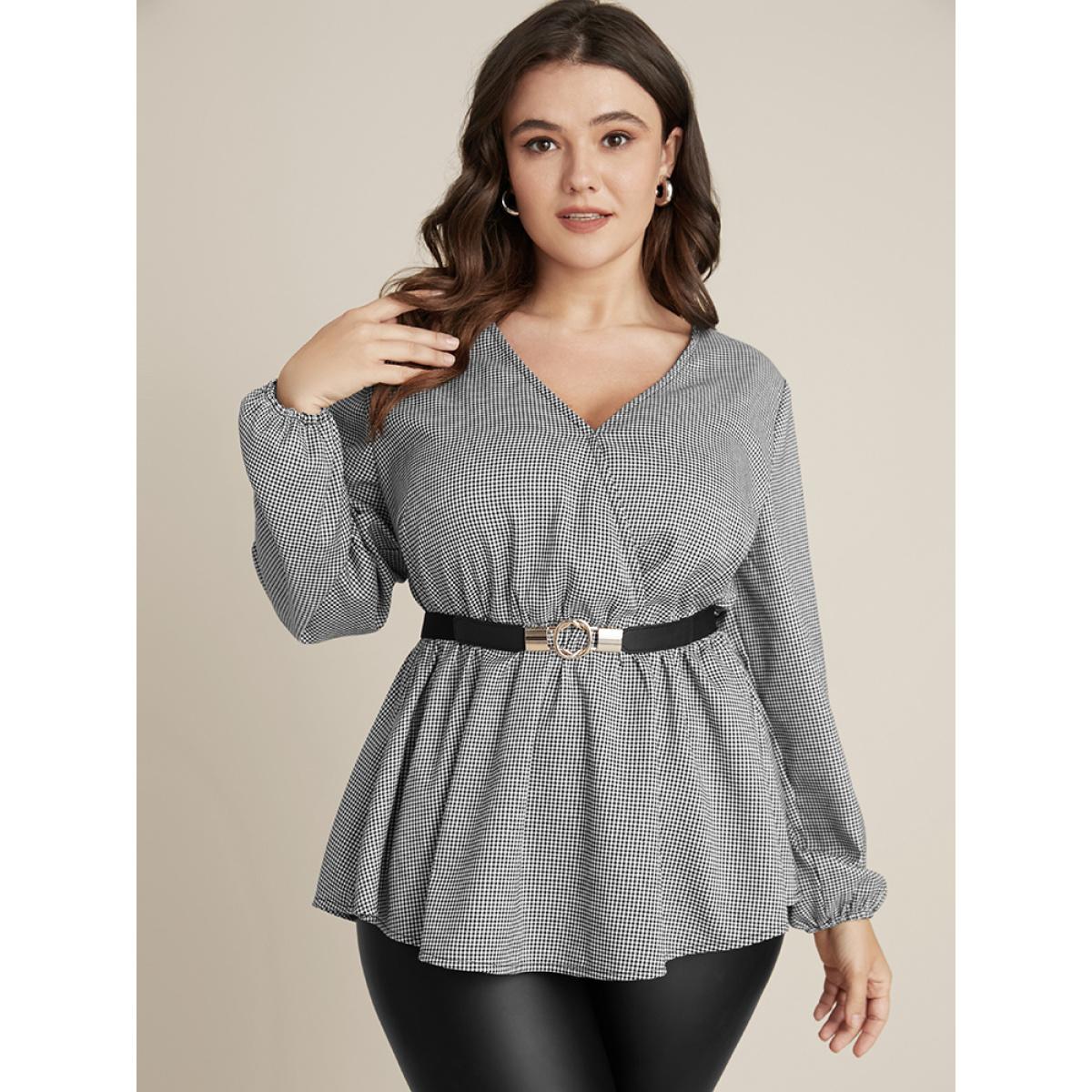 Plus Size Black Houndstooth Lantern Sleeve Wrap Blouse Without Belt Women Elegant Long Sleeve V-neck Dailywear Blouses BloomChic 14-16/1X Product Image