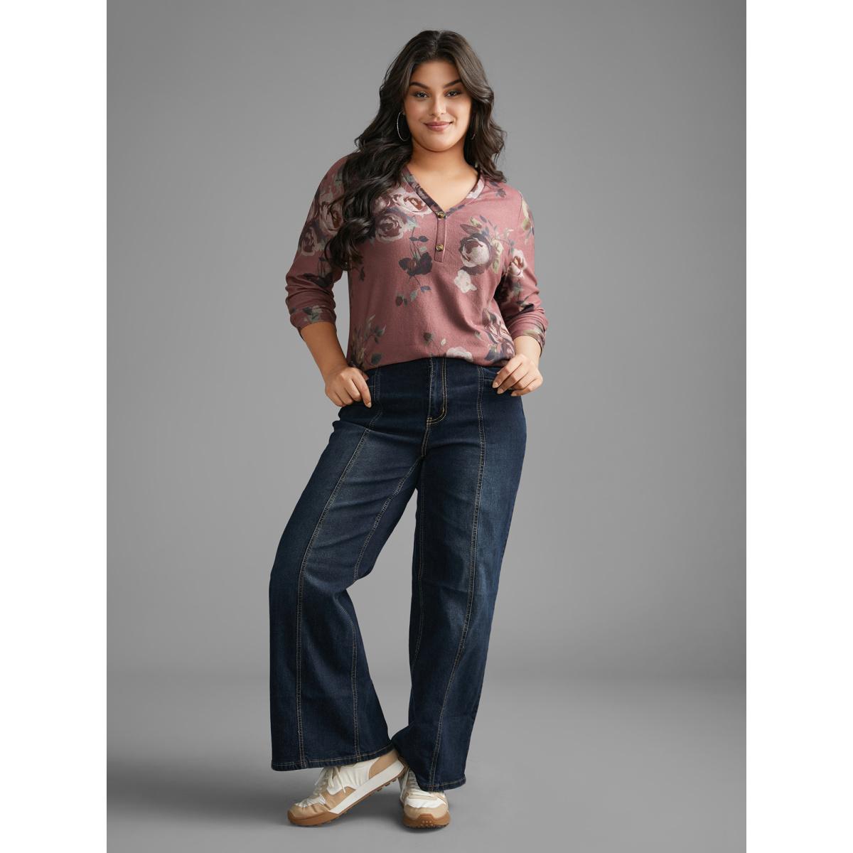 Plus Size V Neck Floral Print Button Up T-shirt DustyPink Women Casual Button Natural Flowers V-neck Everyday T-shirts BloomChic 14-16/1X Product Image