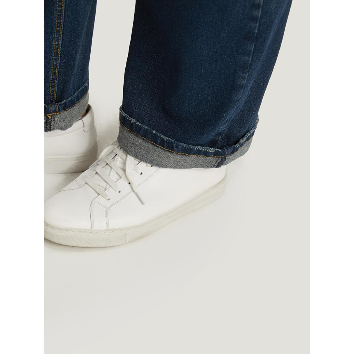 Plus Size Plain Roll Hem Medium Wash Full Length Jeans Women Indigo Casual Plain Plain High stretch Pocket Jeans BloomChic 26/4X Product Image