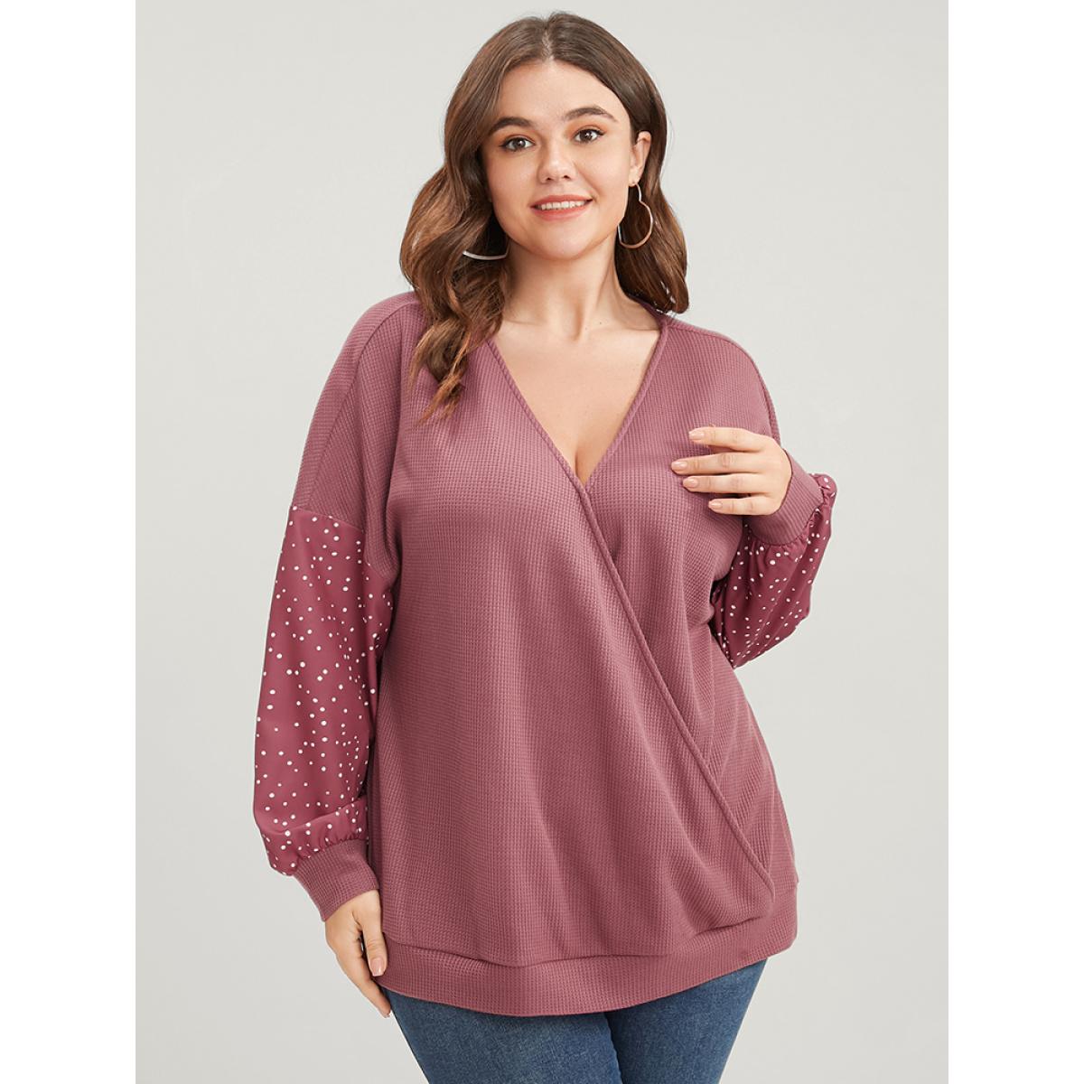 Plus Size Polka Dot Patchwork Wrap Waffle Knit Sweatshirt Women DustyPink Elegant Patchwork V-neck Dailywear Sweatshirts BloomChic 18-20/2X Product Image