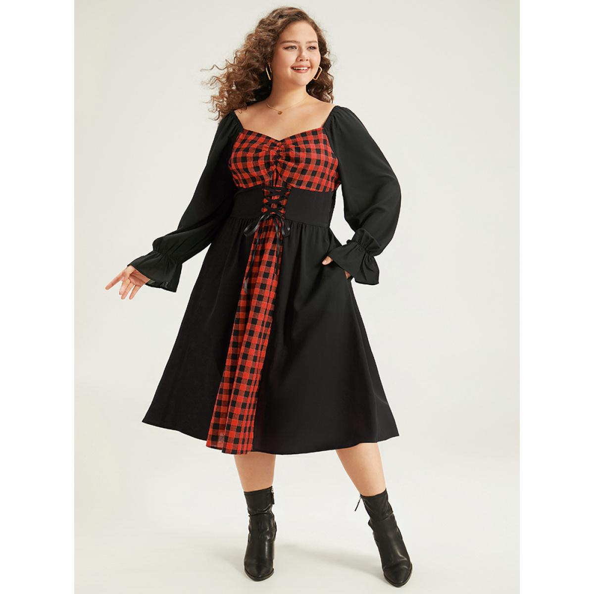 Plus Size Halloween Gingham Patchwork Ruched Ties Dress Scarlet Women Casual Cross straps Square Neck Long Sleeve Curvy Midi Dress BloomChic 12/L Product Image