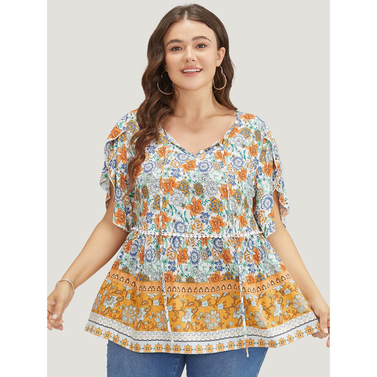 Plus Size Gold Bandana Print Petal Sleeve Tie Neck Pompom Trim Blouse Women Vacation Short sleeve Tie Neck Dailywear Blouses BloomChic 14-16/1X Product Image