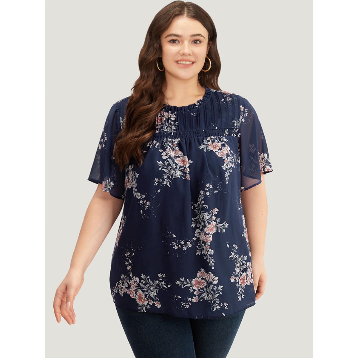 Plus Size Indigo Floral Print Frill Trim Shirred Flutter Sleeve Blouse Women Elegant Short sleeve Round Neck Dailywear Blouses BloomChic 26/4X Product Image