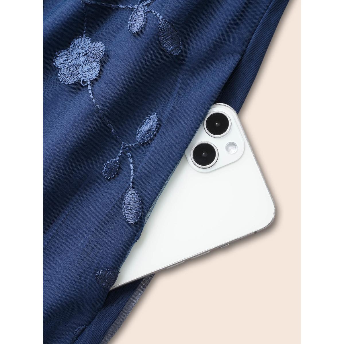 Plus Size Floral Embroidered Mesh Patchwork Midi Dress Indigo Women Formal Texture V-neck Short sleeve Curvy BloomChic 22-24/3X Product Image