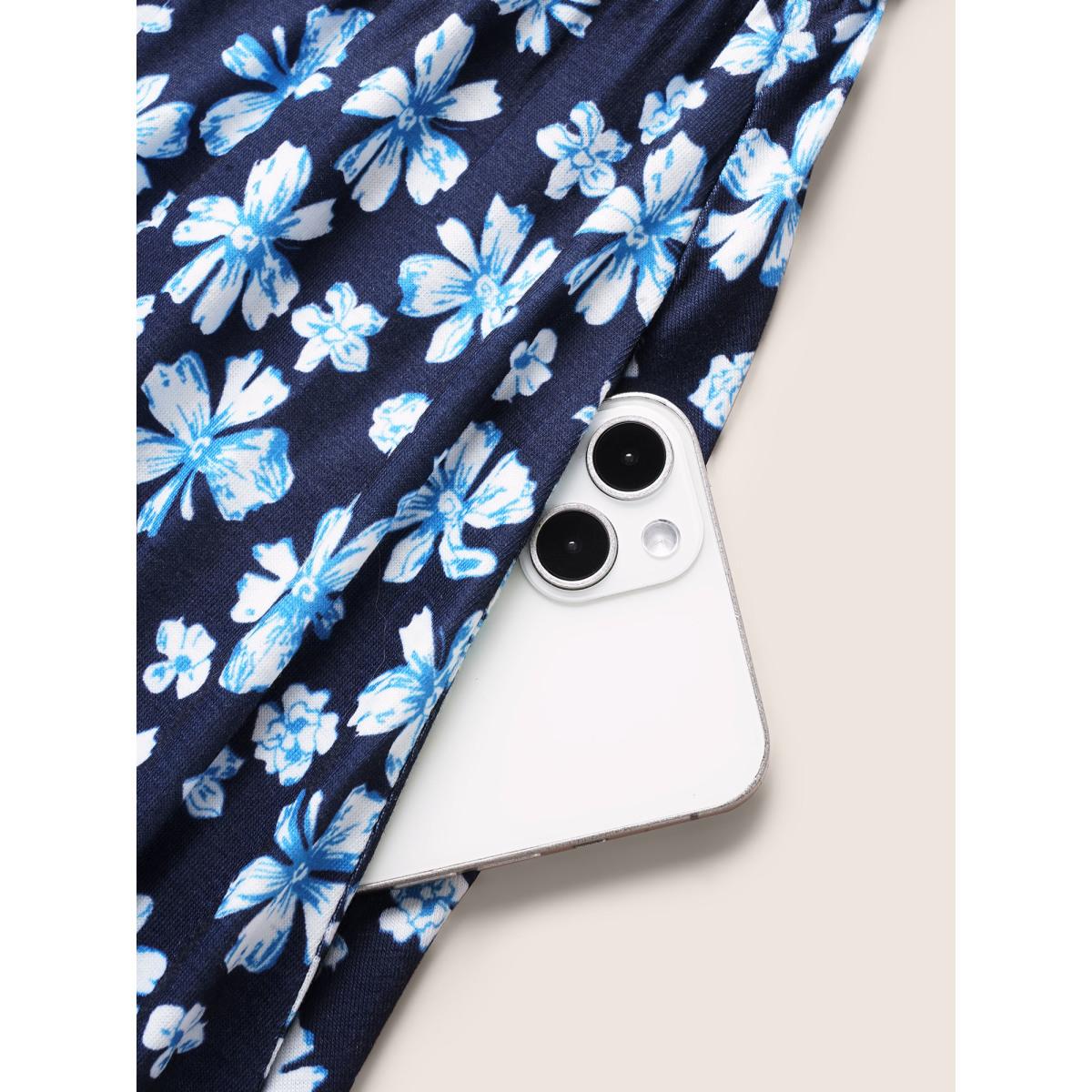 Plus Size Ditsy Floral Shirred Ruffle Trim Midi Dress DarkBlue Women Elegant Shirred Square Neck Cap Sleeve Curvy BloomChic 14-16/1X Product Image