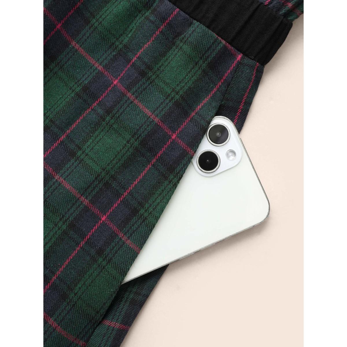 Plus Size Contrast Plaid O Ring Zipper Dress Emerald Women Office Contrast Shirt collar Long Sleeve Curvy BloomChic 22-24/3X Product Image